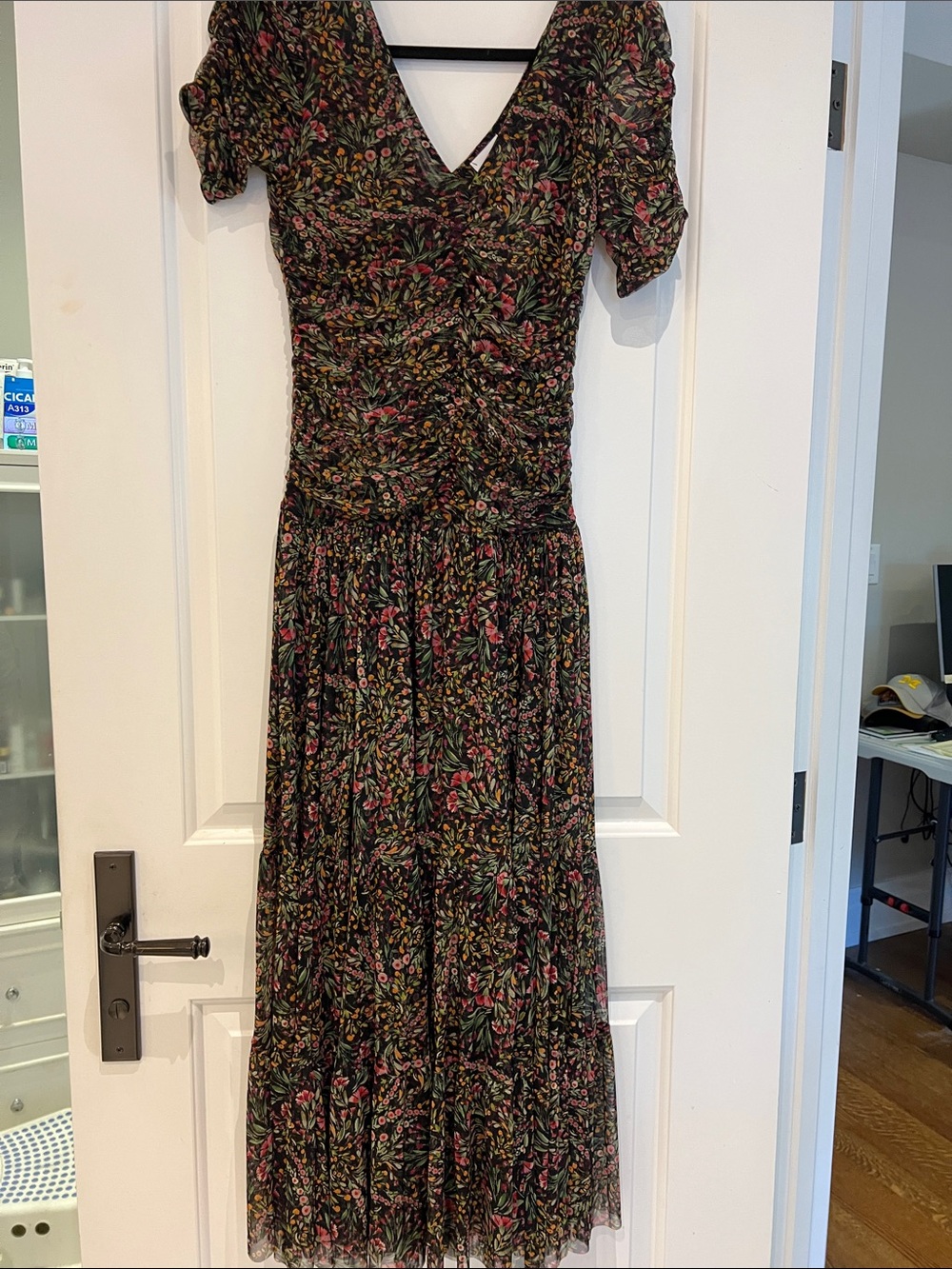 Misa Los Angeles Black Floral V-Neck Tiered Midi Dress with Pink & Green Accents